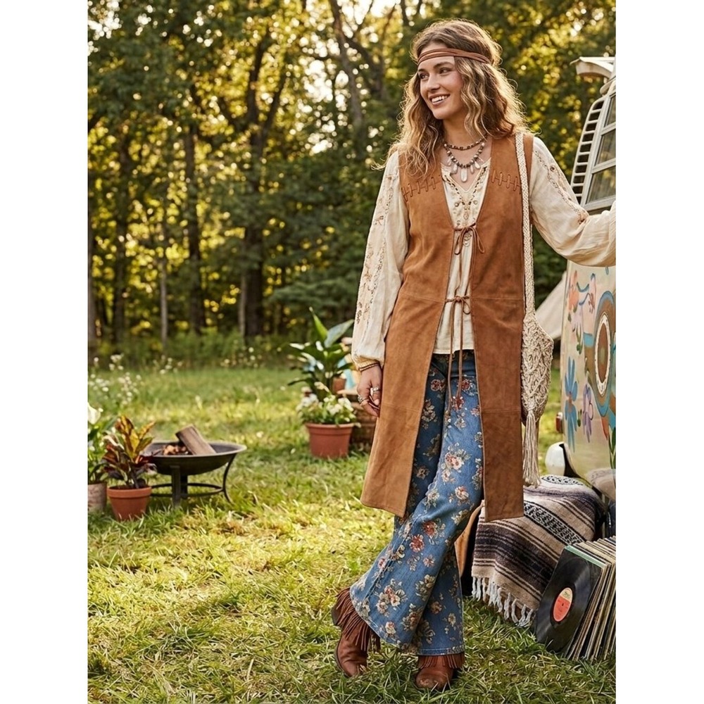 Cable Car Clothiers Vintage Tan Suede Leather Longline Duster Vest Boho Medium